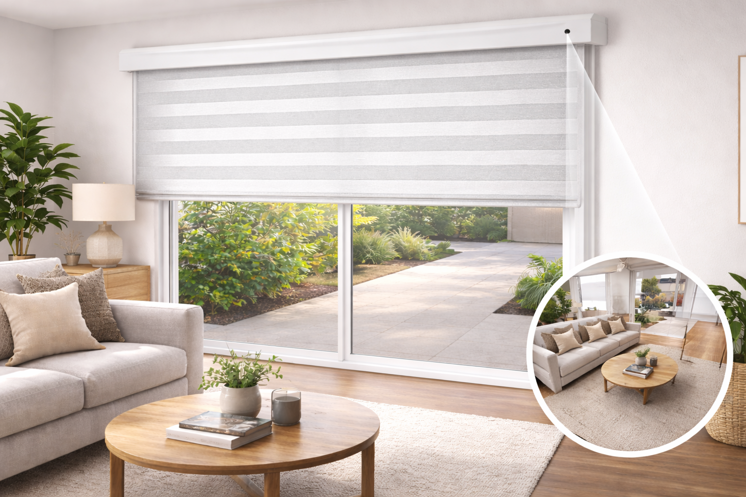 Close-up of Obscura Pro camera lens integrated into the roller blind headrail end-cap