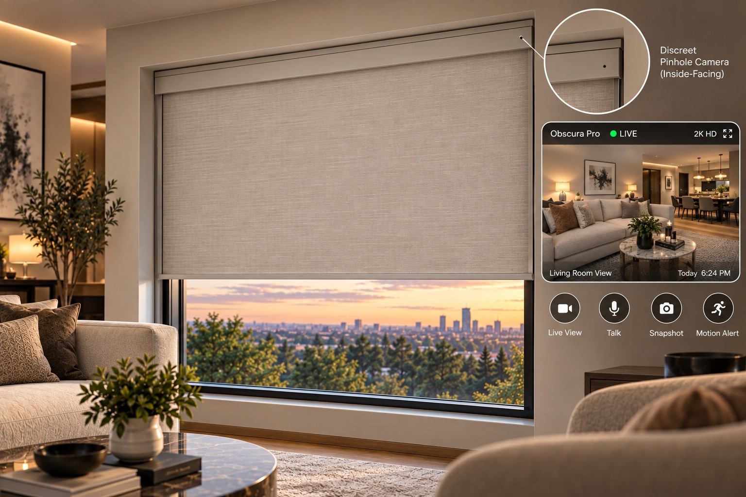 Obscura Pro roller blind with a discreet inside-facing pinhole camera, shown beside its live view, talk, snapshot and motion alert controls