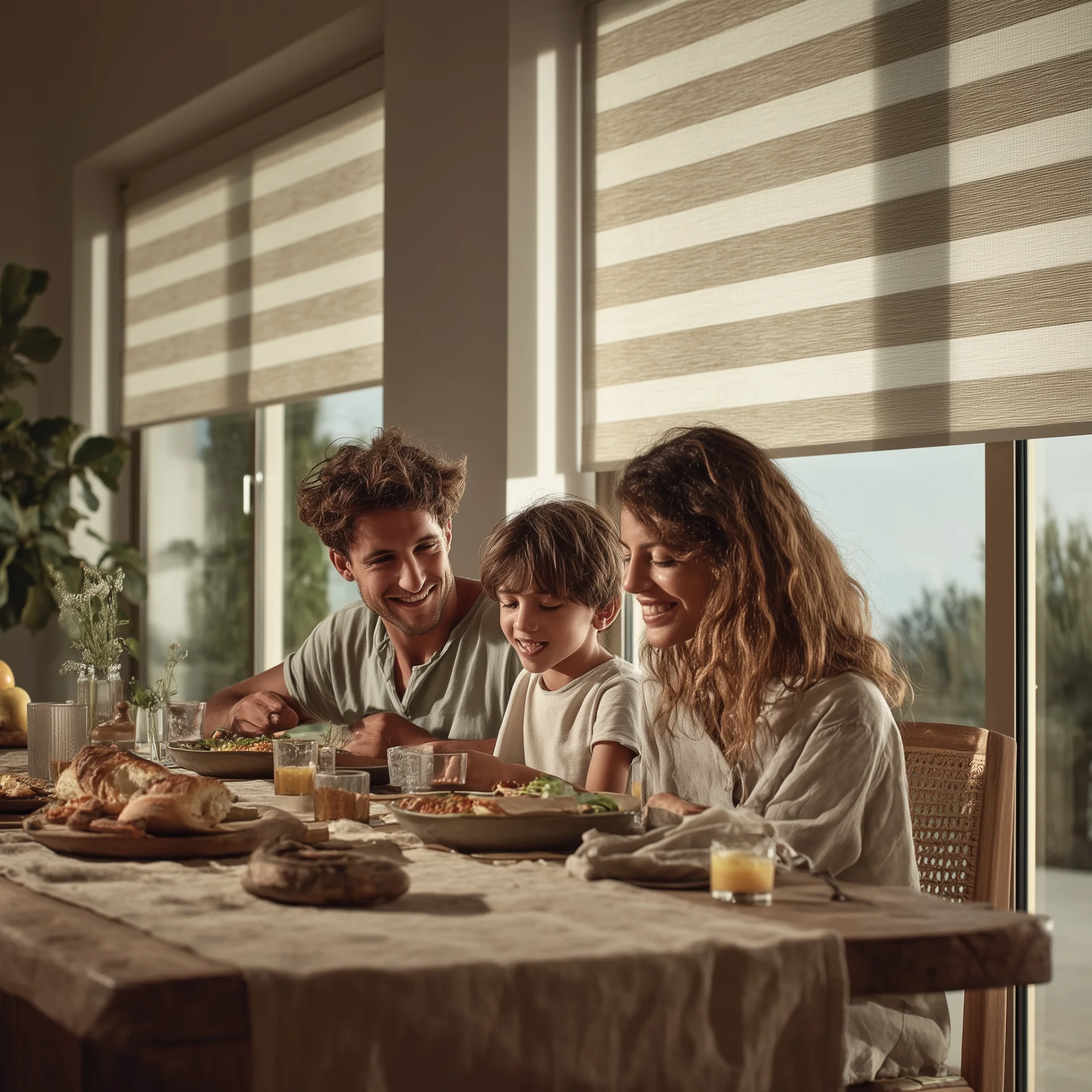 A family at the dinner table under cordless shades